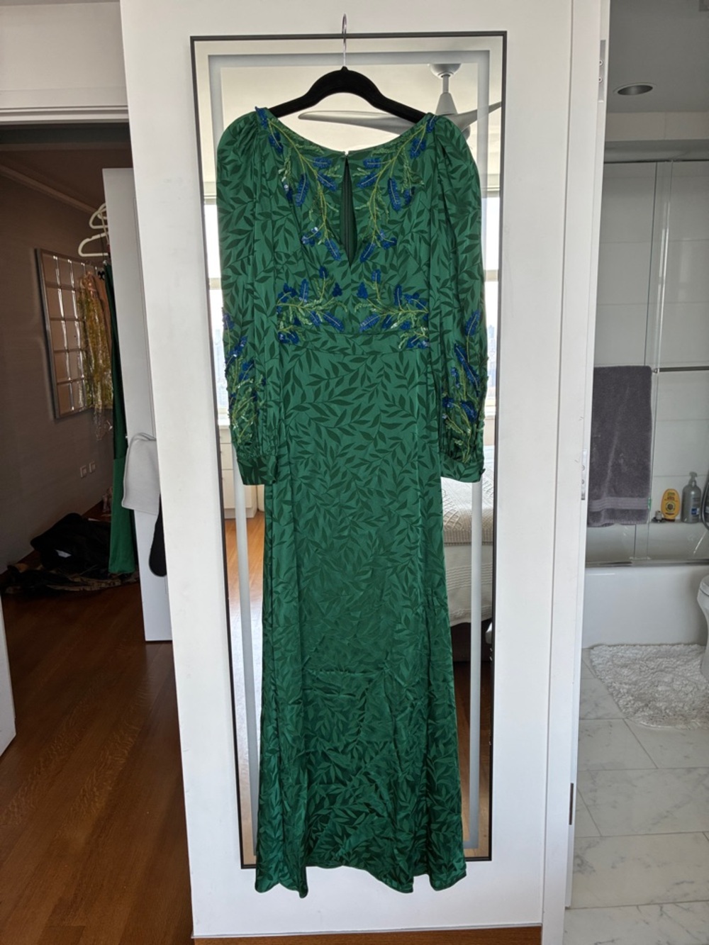 Sachin + Babi Emerald Green Long Sleeve Embroidered Gown